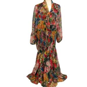 Toleen Dress Womens 2XL Red Black Floral Boho Romantic Maxi Mermaid Sheer Garden